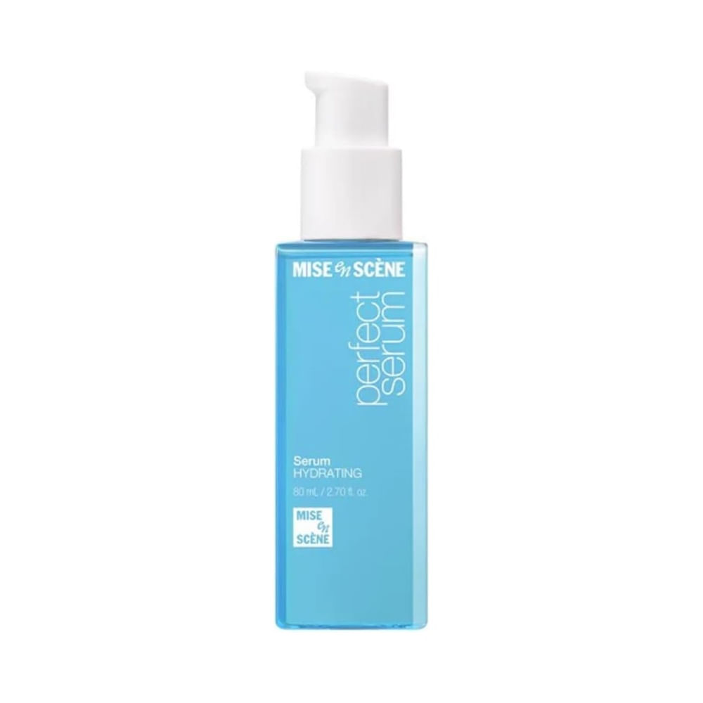 Frasco azul claro do Sérum Capilar Mise en Scène Perfect Serum Hydrating 80ml, com aplicador branco.
